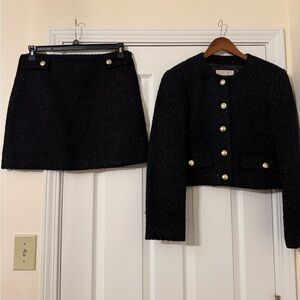 Michael Kors Black Eyelash Tweed Jacket and Skirt Set with Gold Buttons